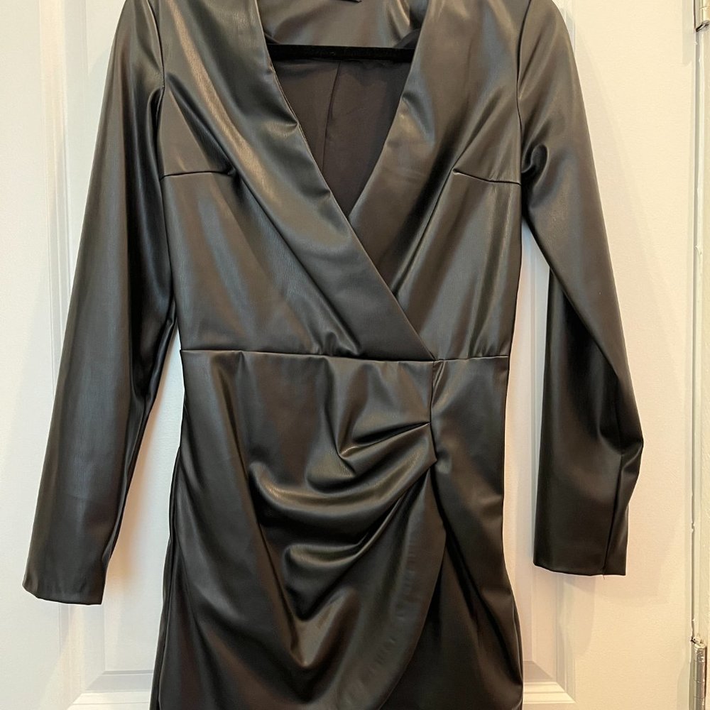 Zara Faux Leather V-Neck Long Sleeve Wrap Front Mini Dress